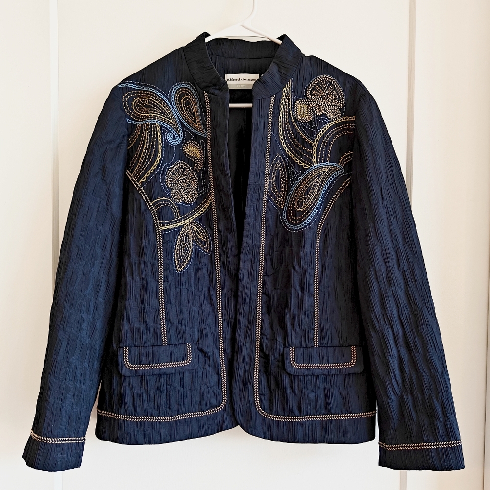 Alfred Dunner Paisley Embroidered Navy Blue Jacket
